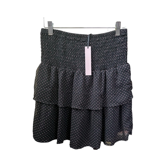 Tamara H Dresses & Skirts - Black Pink Polka Dot Mini Skirt Tiered Ruffle Stretch Size S